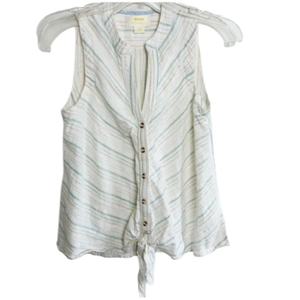 Anthropologie Maeve Blue Stripe Button/Tie Front Sleeveless Top Sz 0/XS Beachy